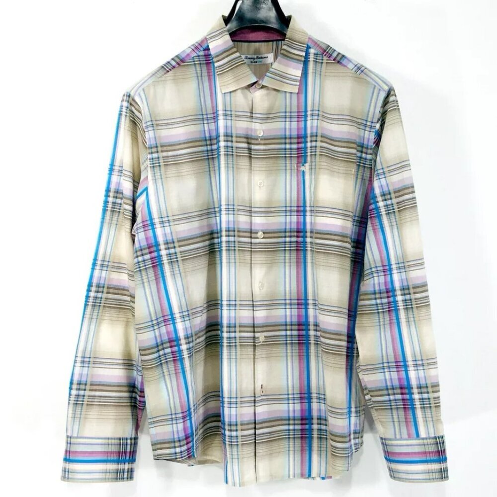 Tommy Bahama Men’s Island Zone Sz L Flip Cuff Shirt Tan/Blue Plaid Pima Cotton